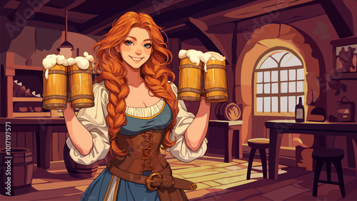 Beer girl. Cartoon old tavern interior with woman in medieval costume holding mugs vector illustration