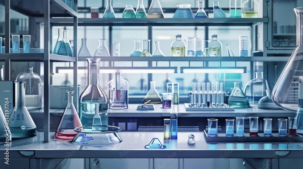 The laboratory is filled with various glass containers showcasing vibrant colored liquids, all arranged neatly on shelves. Generative AI The laboratory is filled with various glass containers showcasing vibrant colored liquids, all arranged neatly on shelves. Generative AI