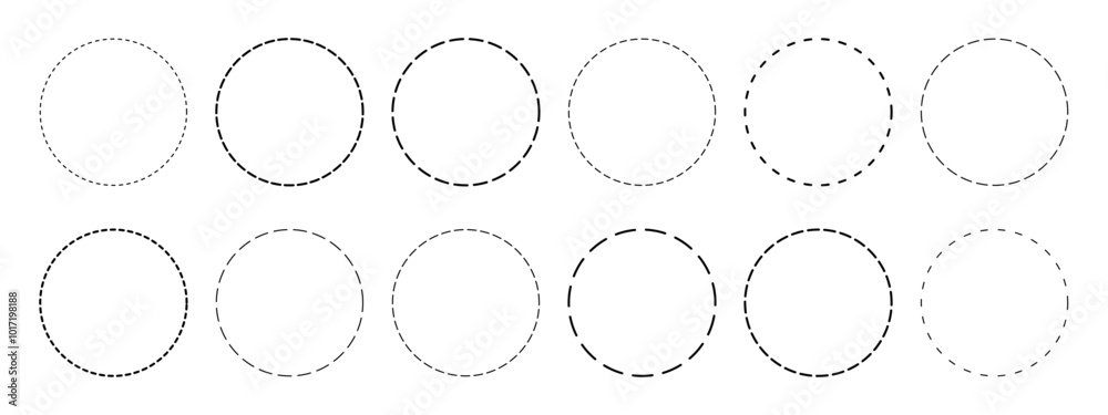 Set of circle shapes with dashed lines. Dotted geometric round figures isolated on white background. Cut here pictograms for coupons or tags. Vector outline illustration. Set of circle shapes with dashed lines. Dotted geometric round figures isolated on white background. Cut here pictograms for coupons or tags. Vector outline illustration.