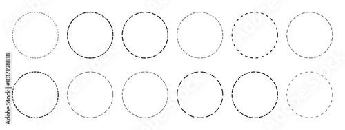 Set of circle shapes with dashed lines. Dotted geometric round figures isolated on white background. Cut here pictograms for coupons or tags. Vector outline illustration.