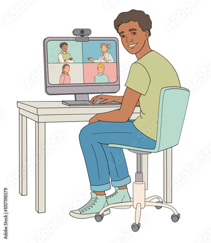 African American boy sits in a chair at a table working on a computer videoconferencing