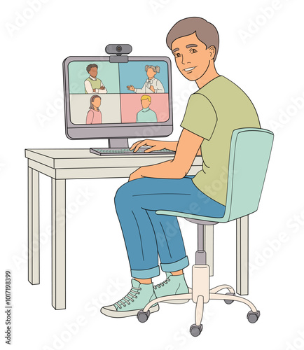 boy sits in a chair at a table working on a computer videoconferencing