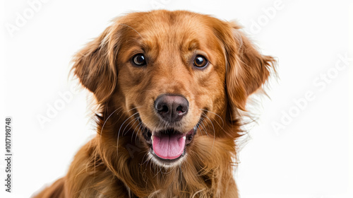 Brown dog with a pink tongue is smiling at the camera