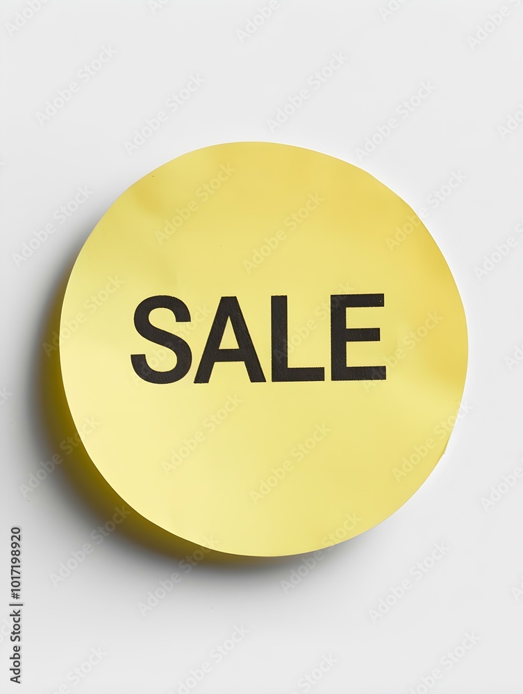 Black 'SALE' Text on a Light Yellow Round Paper Note. White Background Black 'SALE' Text on a Light Yellow Round Paper Note. White Background