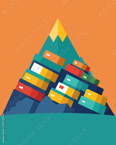 A mountain of credit cards showing the steep climb one must make to pay off their credit card debt.. Vector illustration