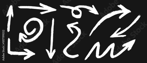 Set of white chalk hand-drawn arrow icons. Crayon pointers in doodle style. Direction signs painted by calk isolated on school blackboard background. Vector realistic illustration.