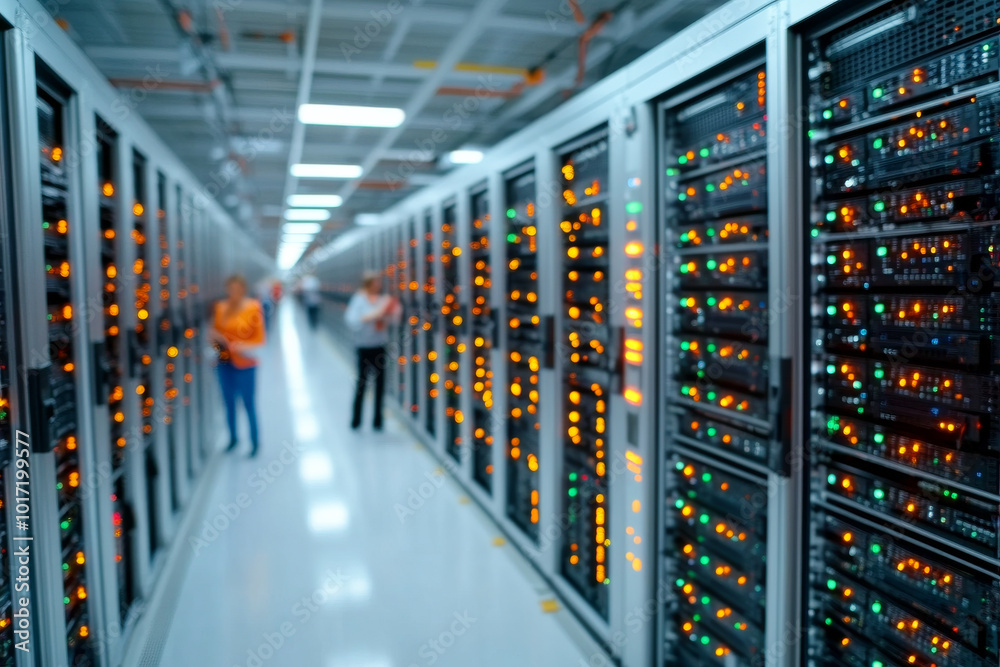 A lively data center filled with active servers, marked by blinking lights signifying robust data activity, with technicians present in the background. A lively data center filled with active servers, marked by blinking lights signifying robust data activity, with technicians present in the background.