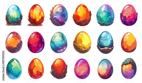 Cartoon dragon eggs. Fantasy magic creature game asset, mythical reptile animal egg with scales set vector illustration