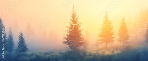 Misty morning sunrise in a forest with tall pine trees.