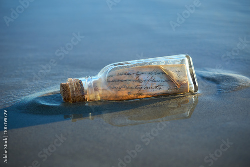 Handwritten letter message in glass on bottle washed up on sand beach with waves and ocean water in the background. 