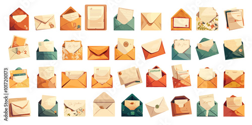 Cartoon envelopes. Flat handwritten craft paper sheet mail letter postcards with wax seal set vector illustration