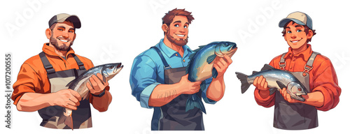 Cartoon fisherman. Happy men in overalls holding fish catch, fishing hobby activity sport set vector illustration