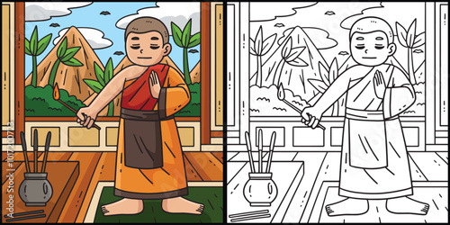 Buddhism Monk Lighting Prayer Incense Illustration