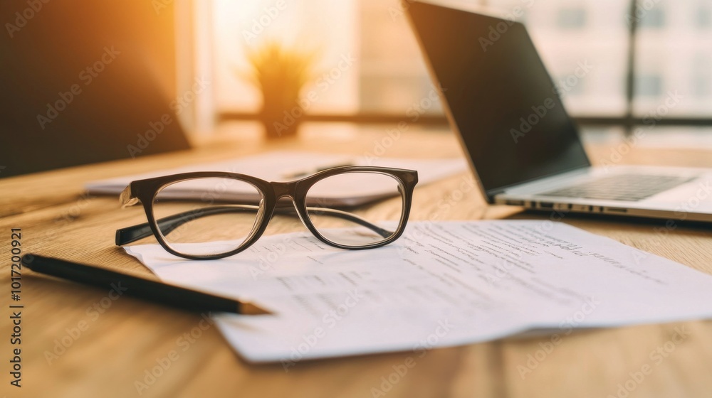 Stylish Glasses Over Documents and Laptop in Modern Workspace for Productivity and Focus Stylish Glasses Over Documents and Laptop in Modern Workspace for Productivity and Focus