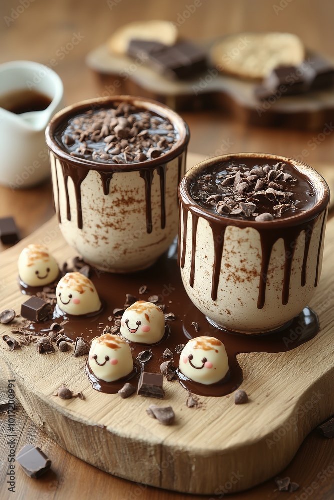 Delicious dessert cups filled with chocolate, topped with chocolate shavings and sweets. Delicious dessert cups filled with chocolate, topped with chocolate shavings and sweets.