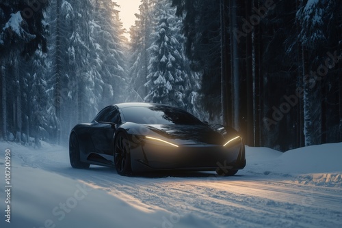 A sleek electric sedan driving through a snowy forest landscape at dusk. photo