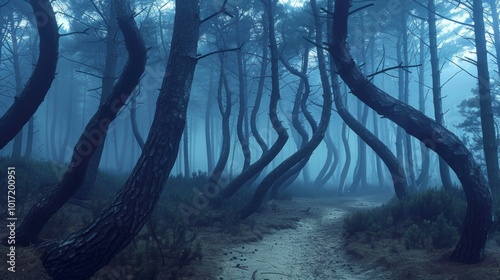 Twisted Trees in Misty Forest Create Surreal Ethereal Landscape