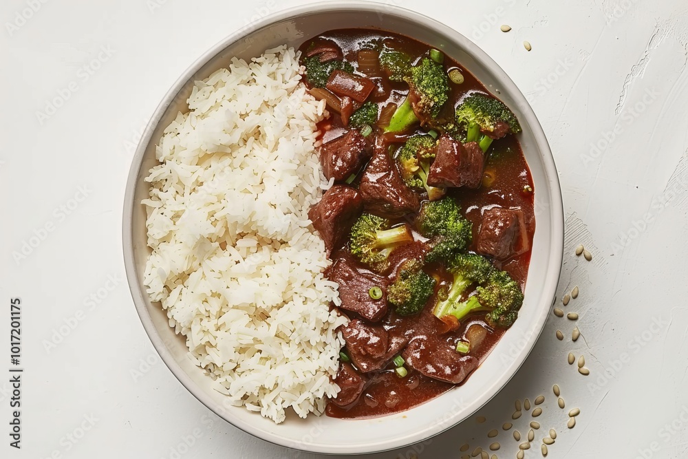 Delicious beef and broccoli florets stir fry served in a white bowl with savory soy sauce and rice Delicious beef and broccoli florets stir fry served in a white bowl with savory soy sauce and rice