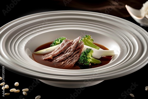 Delicious beef and broccoli florets stir fry served in a white bowl with savory soy sauce photo