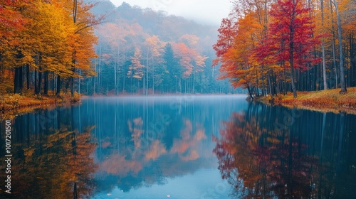 Autumn Reflection in a Misty Lake