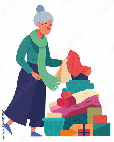 A middleaged woman sifting through a pile of scarves and accessories at a secondhand shop looking for unique pieces to add to her wardrobe.. Vector illustration