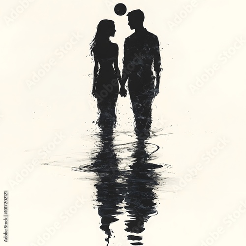 Silhouettes of a couple of a man and a woman, full-length view from the back, holding hands, an image of a monad on top of them. photo