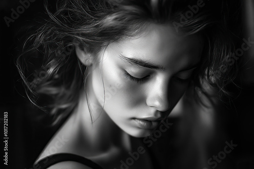 Close-up black and white portrait of a young Caucasian woman with downcast eyes and a peaceful expression. Her soft, natural curls frame her face, emphasizing a calm, introspective mood