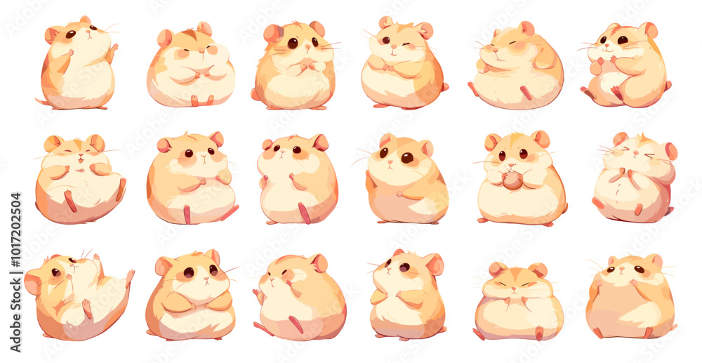 Cartoon hamsters. Cute rodent domestic animal character, funny fluffy pet mascot in different poses set vector illustration Cartoon hamsters. Cute rodent domestic animal character, funny fluffy pet mascot in different poses set vector illustration