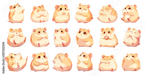 Cartoon hamsters. Cute rodent domestic animal character, funny fluffy pet mascot in different poses set vector illustration