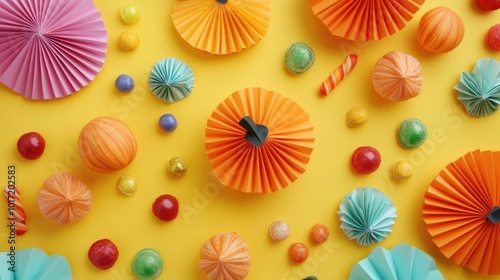 Halloween paper pumpkins and candies on yellow background closeup