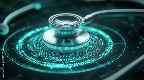 A futuristic stethoscope surrounded by digital elements, symbolizing innovation in healthcare technology.