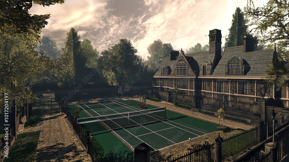 Luxury Mansion with Tennis Court and Lush Gardens Stock Photo | Adobe Stock