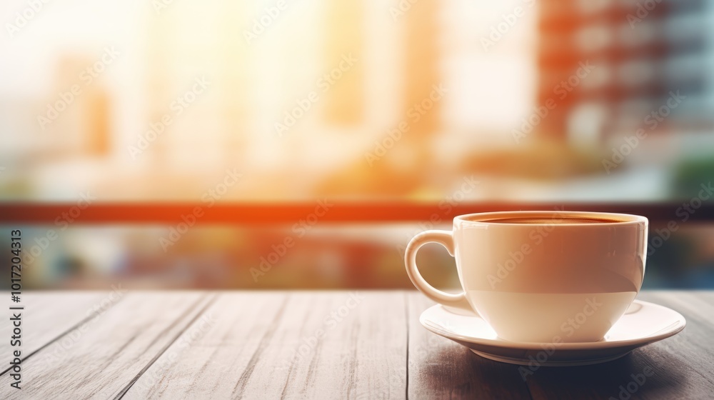 Coffee cup on the table in blurred background of modern office interior with sunlight Coffee cup on the table in blurred background of modern office interior with sunlight
