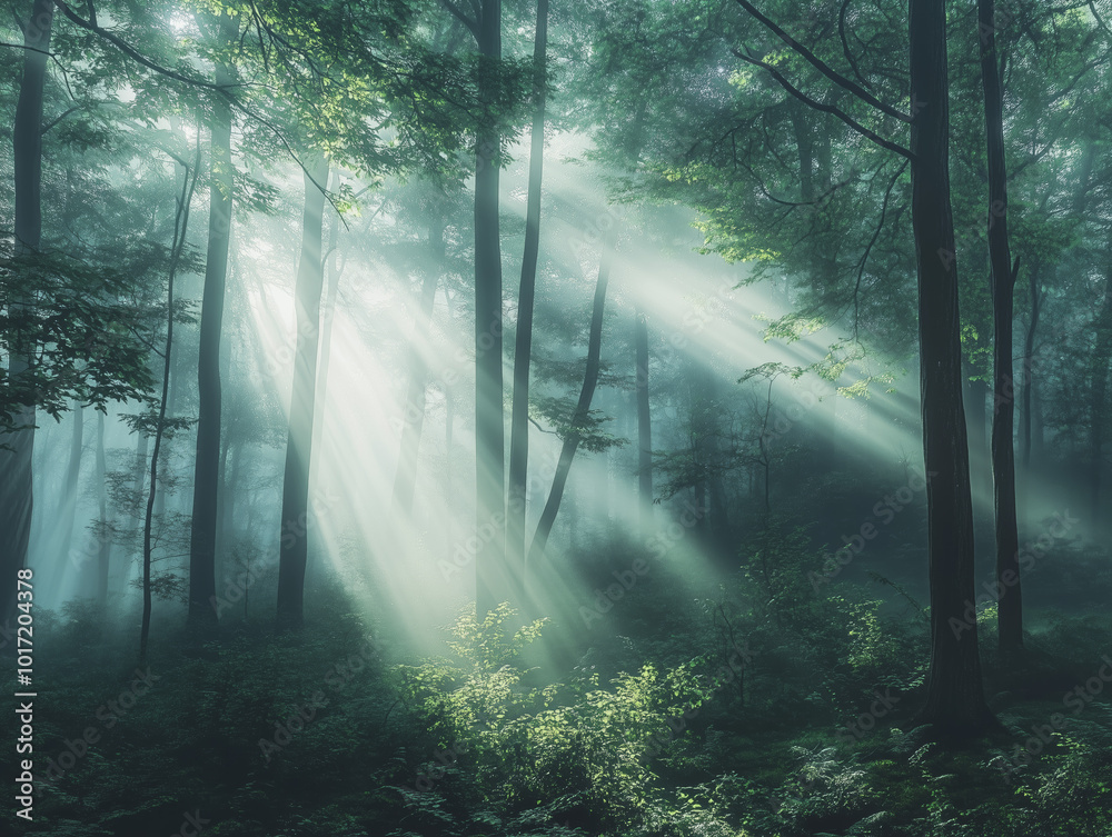 Sunbeams Through Foggy Forest - Nature Photography Sunbeams Through Foggy Forest - Nature Photography