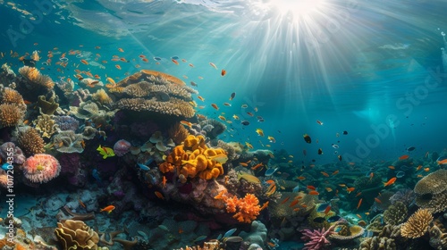 Vibrant Underwater Coral Reef with Tropical Fish in Sunlit Ocean