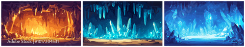 cave cartoon background. stalactites and stalagmites in dungeon, minerals stone rocks adit underground tunnel vector illustration
