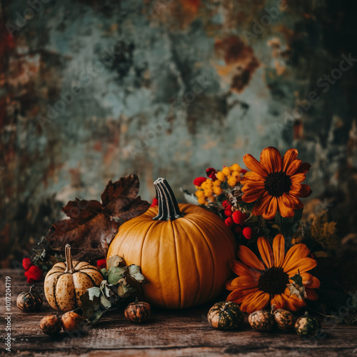 Autumn harvest at its finest - pumpkins, flowers, and earthy vibes photo