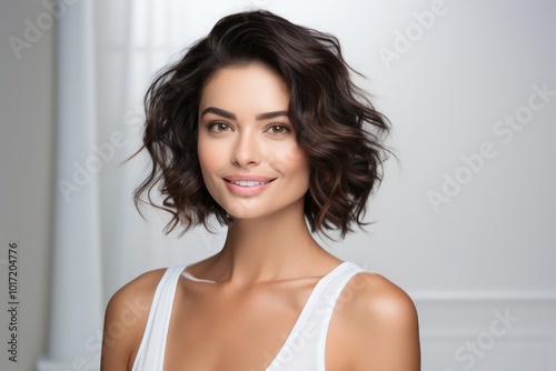 A happy, beautiful woman, 35 years old, with natural hair and a bright smile against a light background.