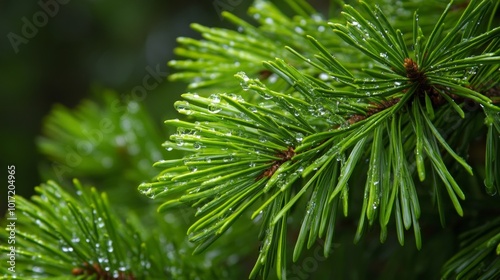 Pine leaves with light in the rain.