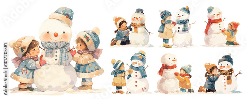 children make snowman watercolor. Happy little kids play with snow, winter games holidays christmas new year kind vector illustration