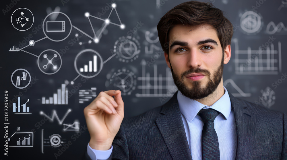 Confident businessman presenting data and analytics on a chalkboard background. Confident businessman presenting data and analytics on a chalkboard background.