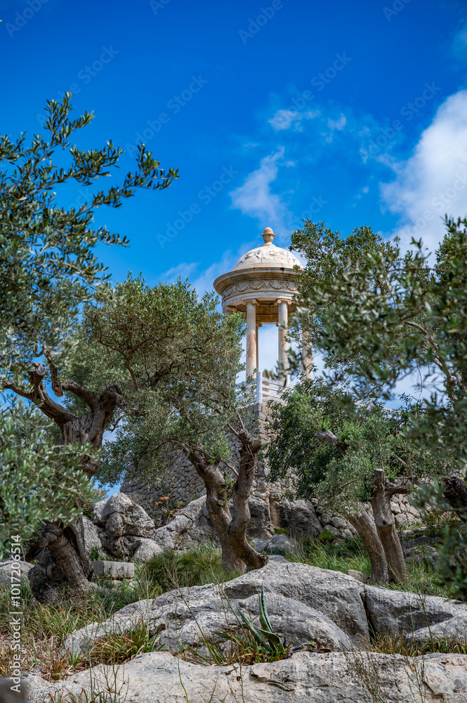Son Marroig Mallorca, idyllic temple with plants and stones in front, vertical shot, majorca Son Marroig Mallorca, idyllic temple with plants and stones in front, vertical shot, majorca