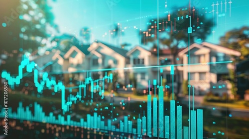 Financial Data Overlaid on Blurry Suburban Houses