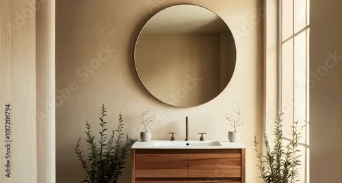 A serene bathroom interior featuring a wooden cabinet with clean lines and minimal ornamentation