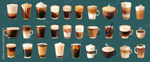Coffee drinks. Flat hot drink types cappuccino latte espresso frappe glass cup, cafe menu set vector illustration