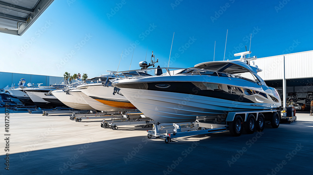 A row of boats are parked in a lot A row of boats are parked in a lot