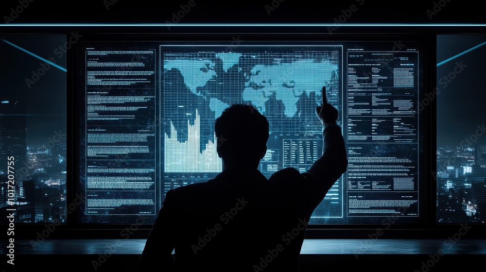 Silhouette of a business professional interacting with digital data displayed on a large screen in a modern office. Silhouette of a business professional interacting with digital data displayed on a large screen in a modern office.