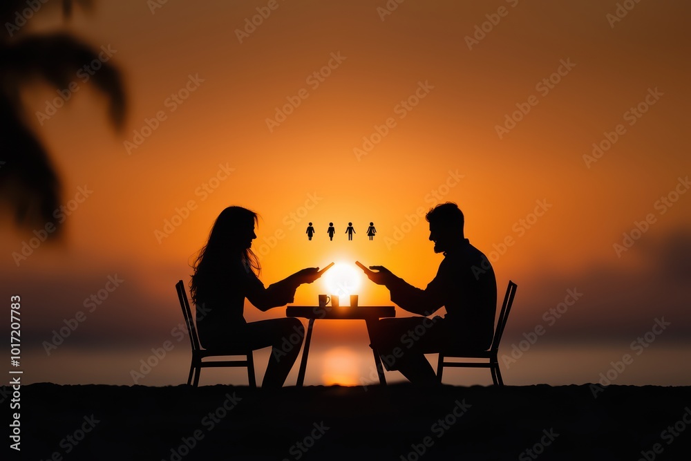 Obraz premium Silhouetted couple sharing a magical sunset experience at the beach.