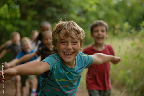 Group of happy kids having fun together in the park. Selective focus.