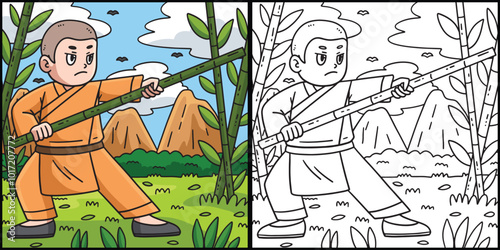 Buddhism Shaolin Monk Bamboo Stick Illustration